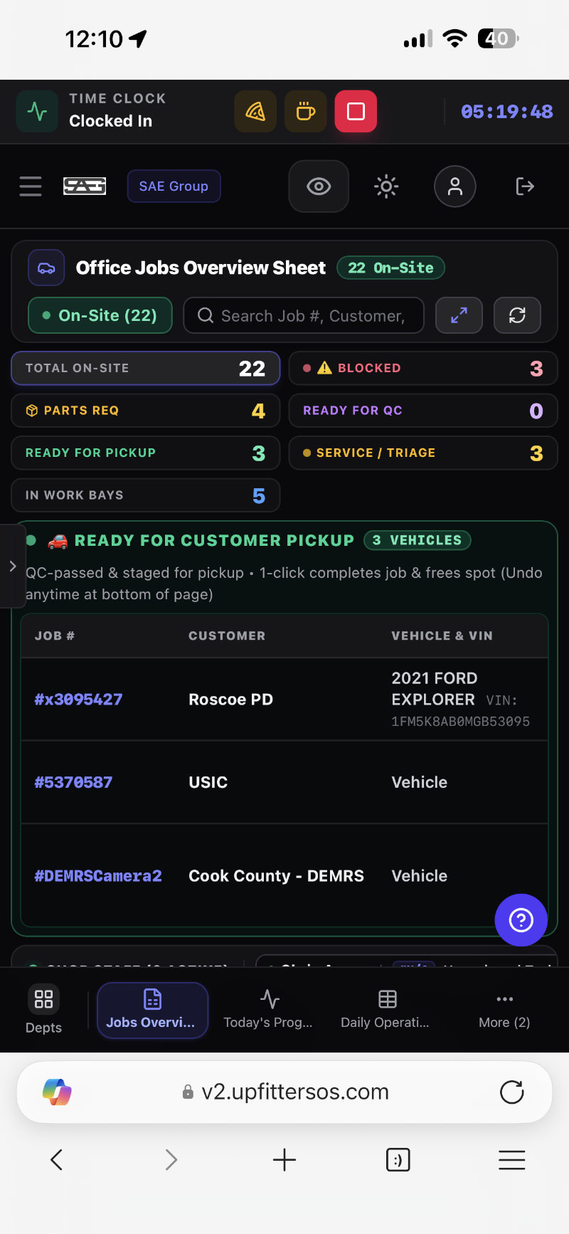 UpfittersOS digital job card and municipal fleet schedule dashboard